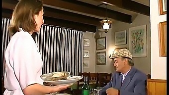 Amateur French Brunette Takes On Two Cocks In A Threesome In A Restaurant